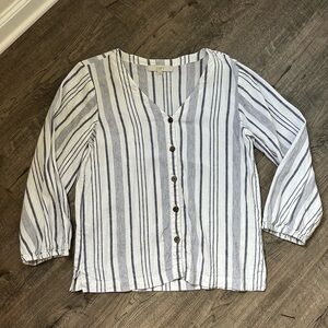 Loft Button Front Linen Blend Blue & White Striped Top